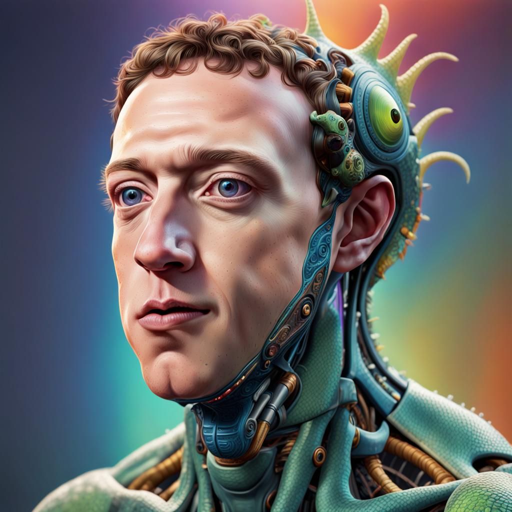 Zuckerberg: Lizard Alien Cyborg in Hyperrealistic Splash Art