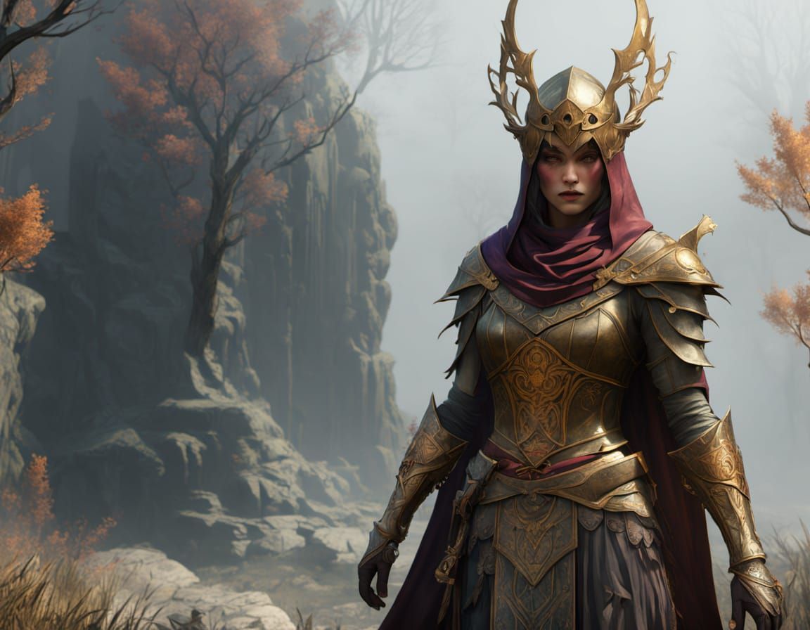 Malenia on Foggy Battlefield in Dark Fantasy Style