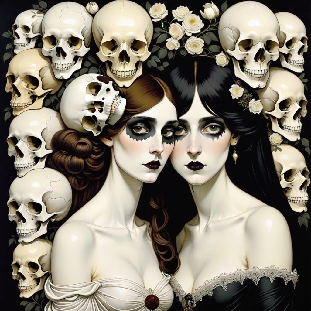 Gothic Macabre Cartoon with Skulls, Art Nouveau Style
