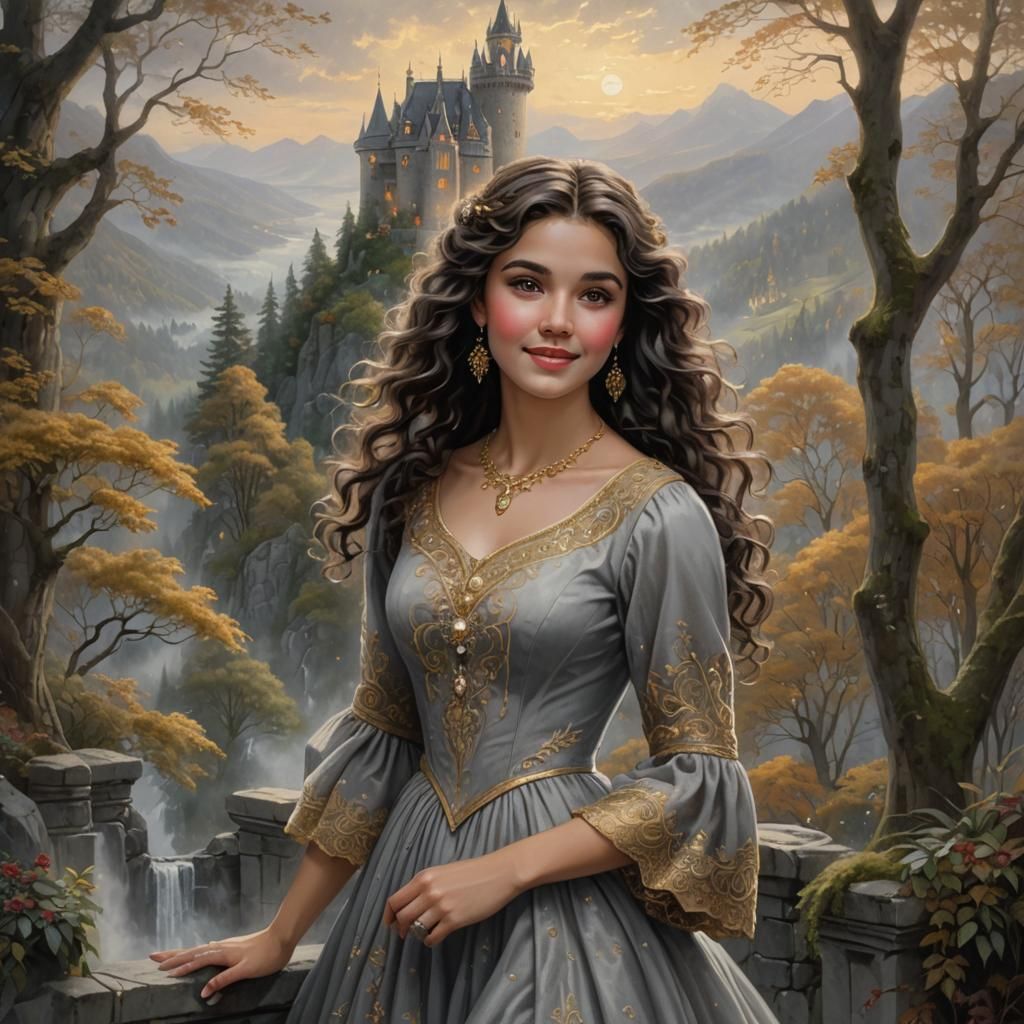 Ethereal Woman in Forest Tower, Fantasy Art Style