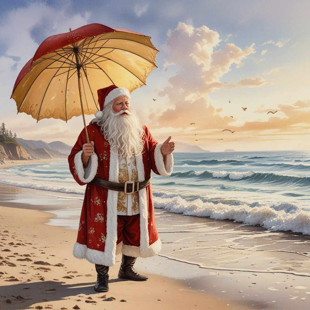 Whimsical Watercolor Santa on a Serene Beach