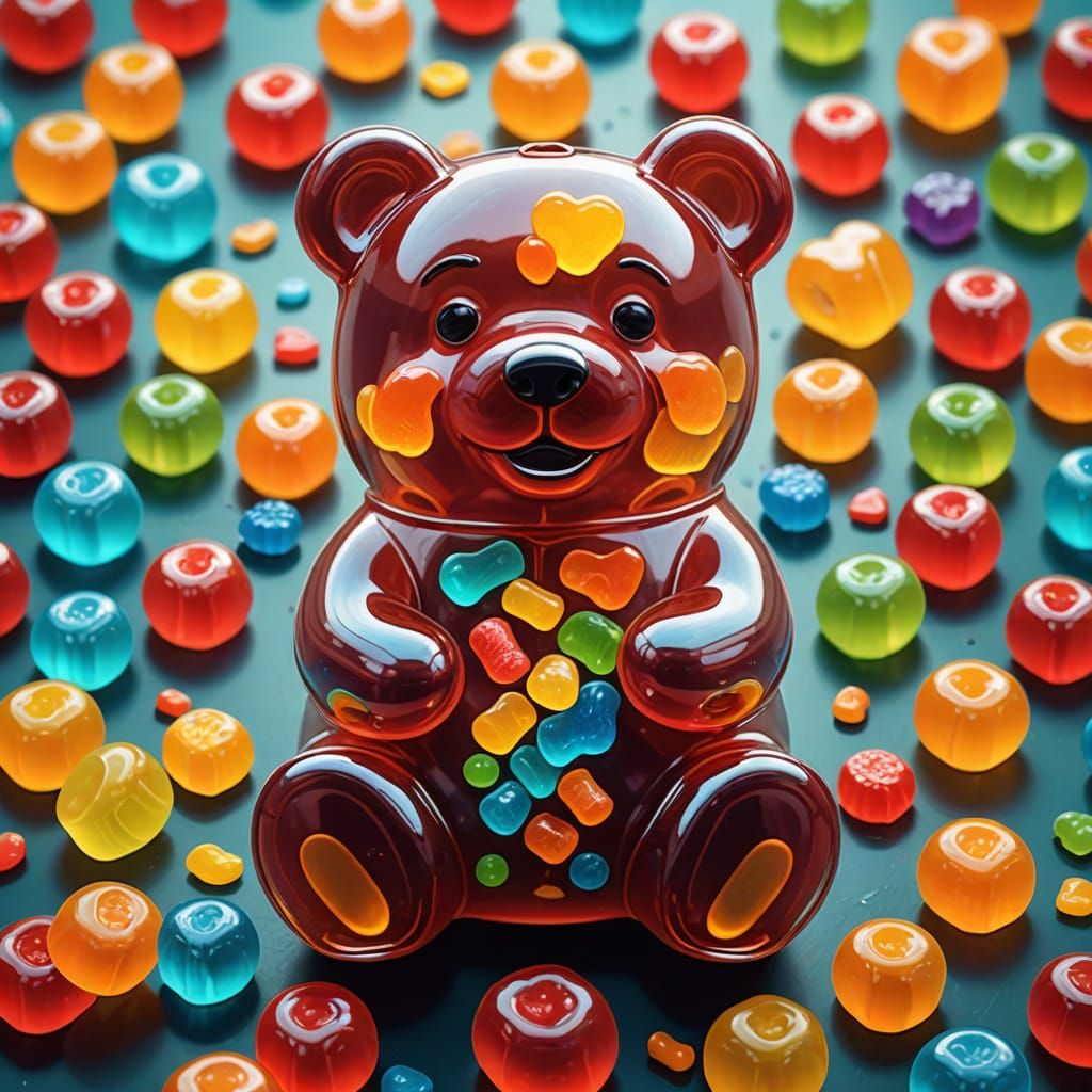 Whimsical Giant Gummy Bear in a Colorful Candy Wonderland
