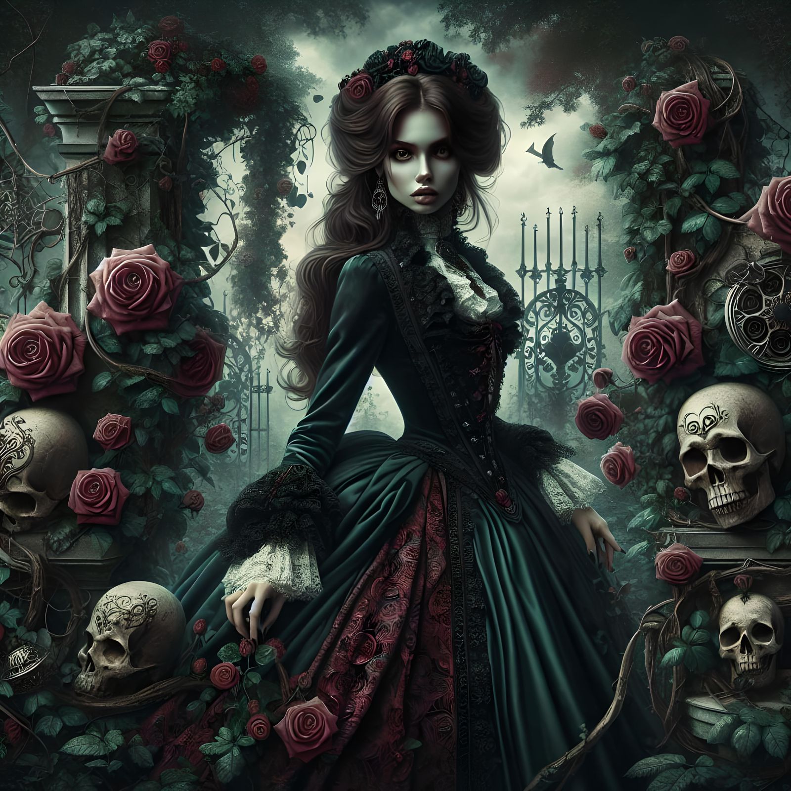 Woman, gothic, Emilie Autumn, roses, skulls, ivy, hyper real...