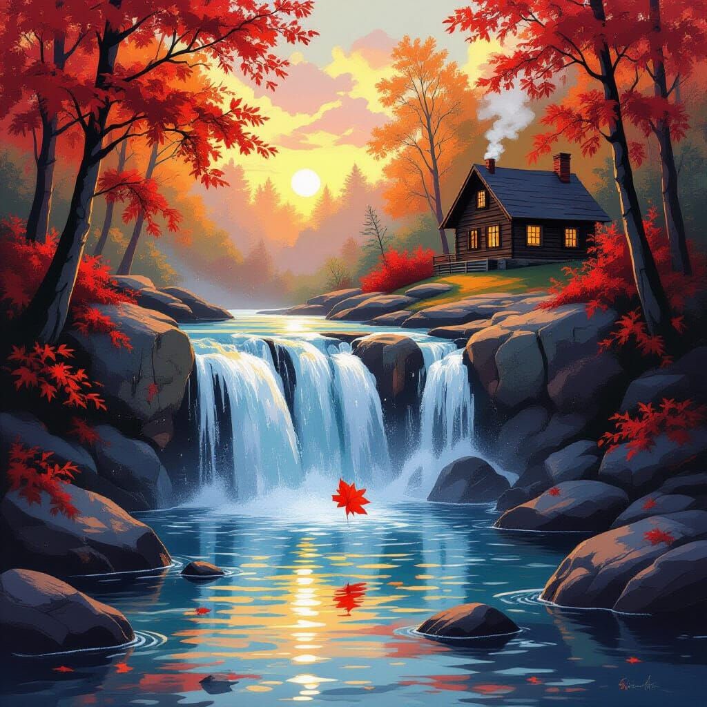 Autumn Leaf Falls By Glowing Waterfall in Impressionistic St...