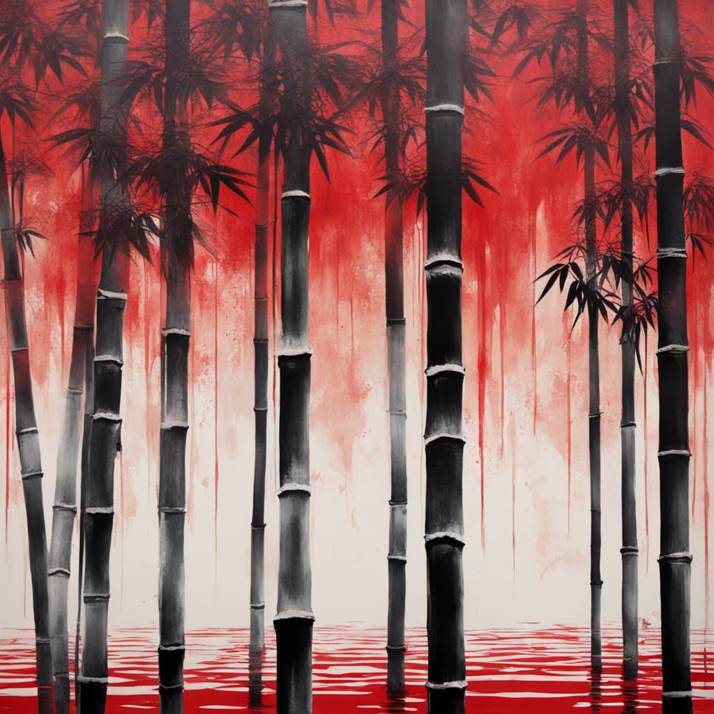 Surreal Cyberpunk Bamboo Painting With Red Damask