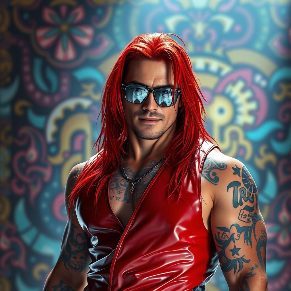 Surreal Wrestler in Futuristic Attire with Vibrant Red Hair