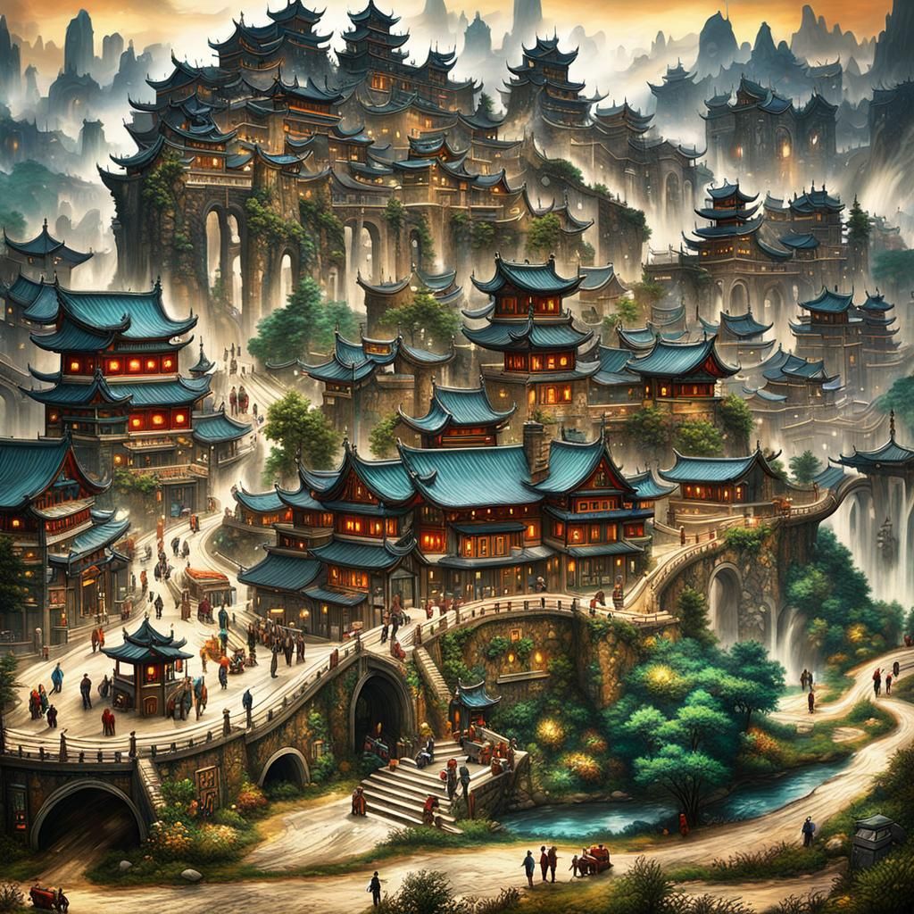 City Street Scene in Chinese Folk Art Style