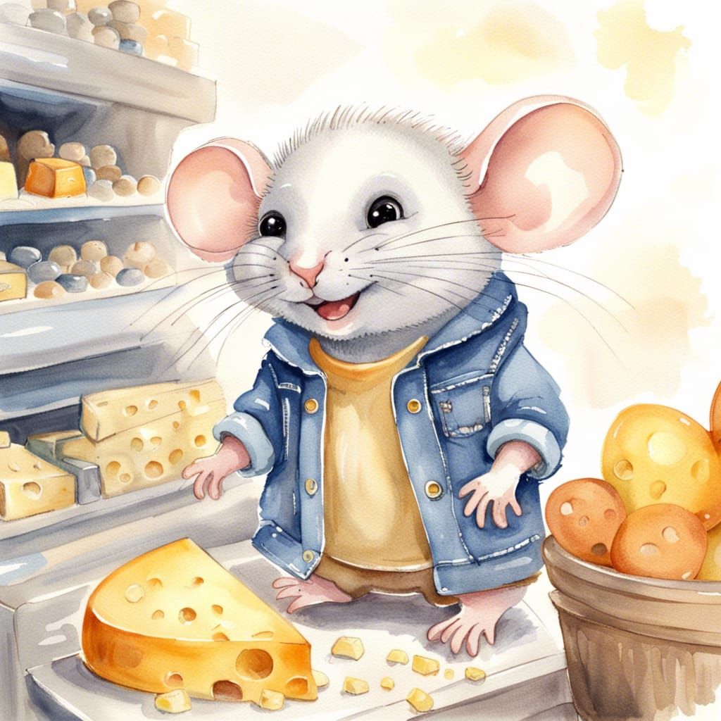 Watercolor Mouse in a Cheese Shop