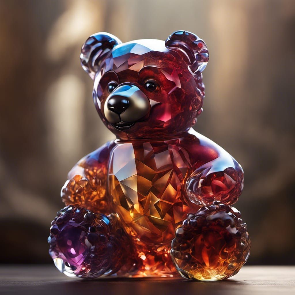 a hand-blown crystal, prism glass figurine of a friendly and cuddly teddy bear, perfect for a collector's shelf