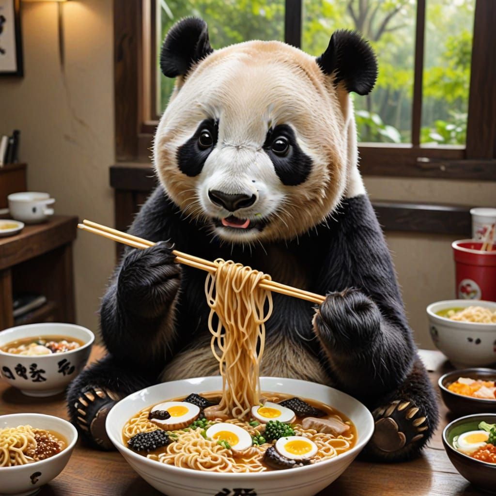 Panda Savoring Asian Noodle Dish