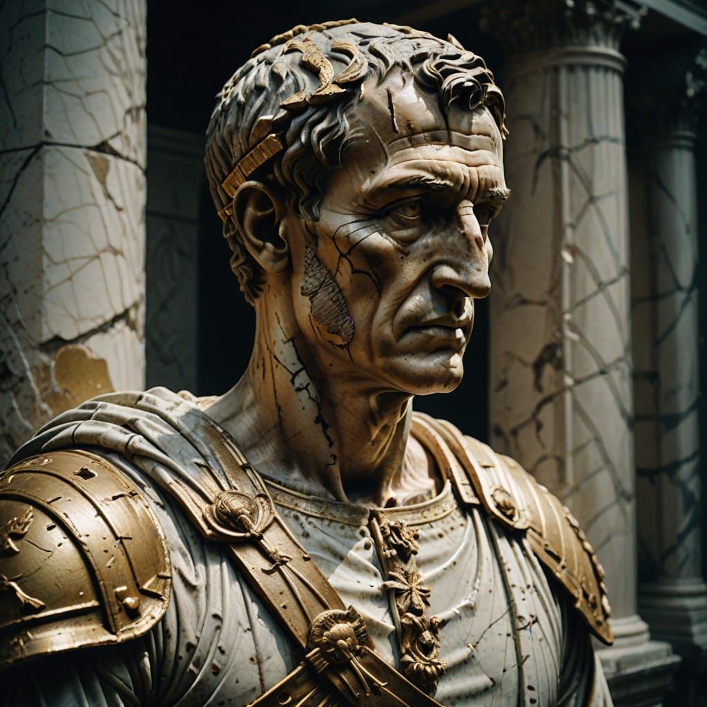 Golden Cracks: Ruined Caesar Statue in Film Still