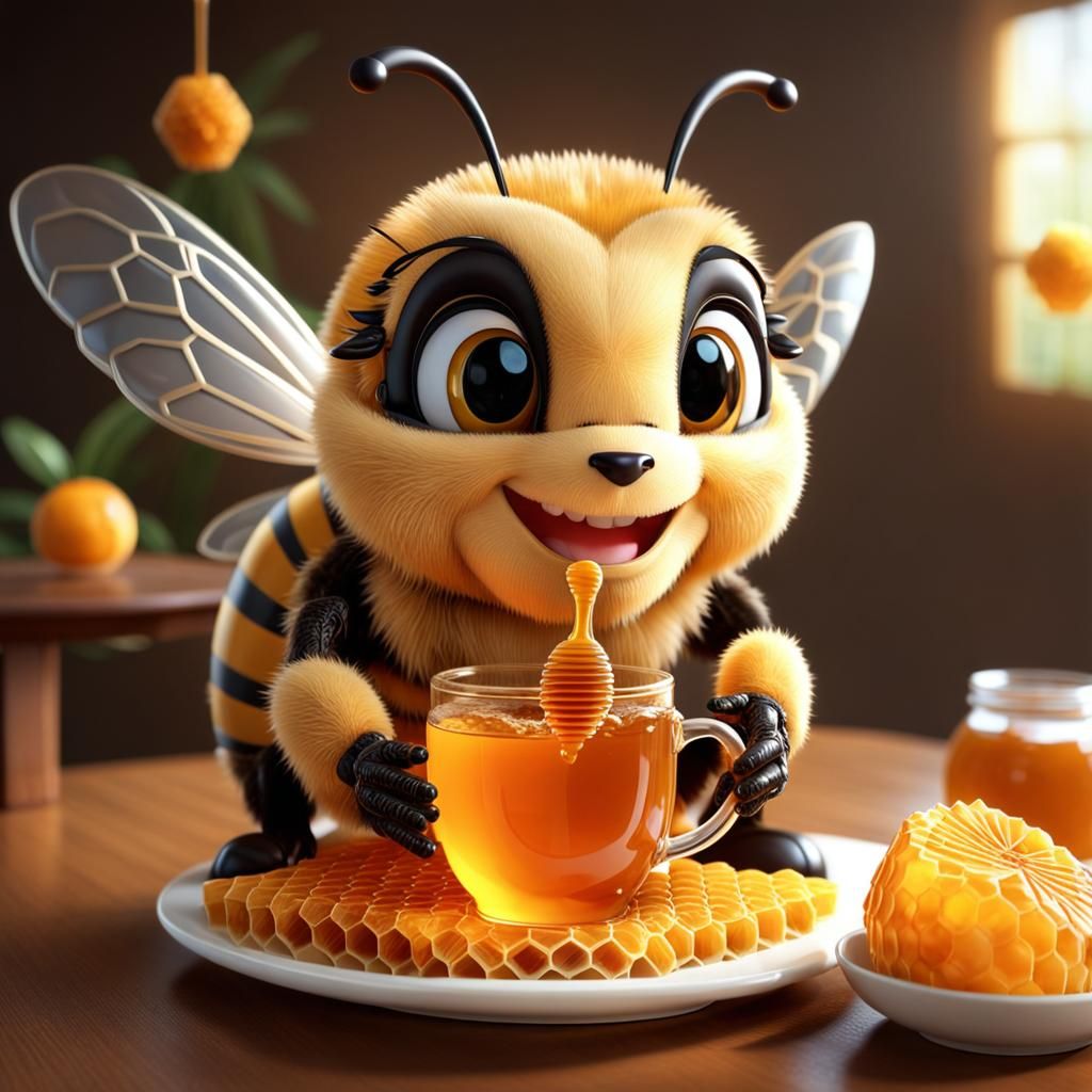 Happy Bee at Honeycomb Table: Hyperrealistic Animation