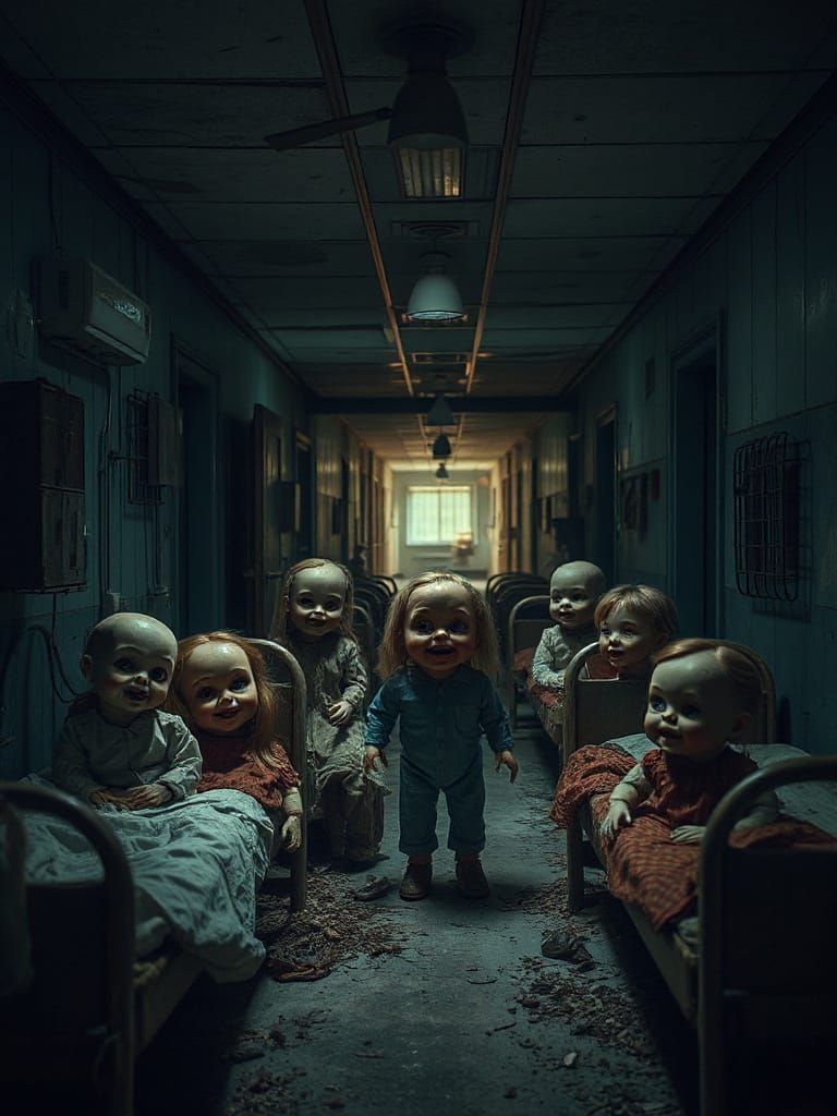 Eerie Hospital Corridor Confronts Dark, Twisted Dolls