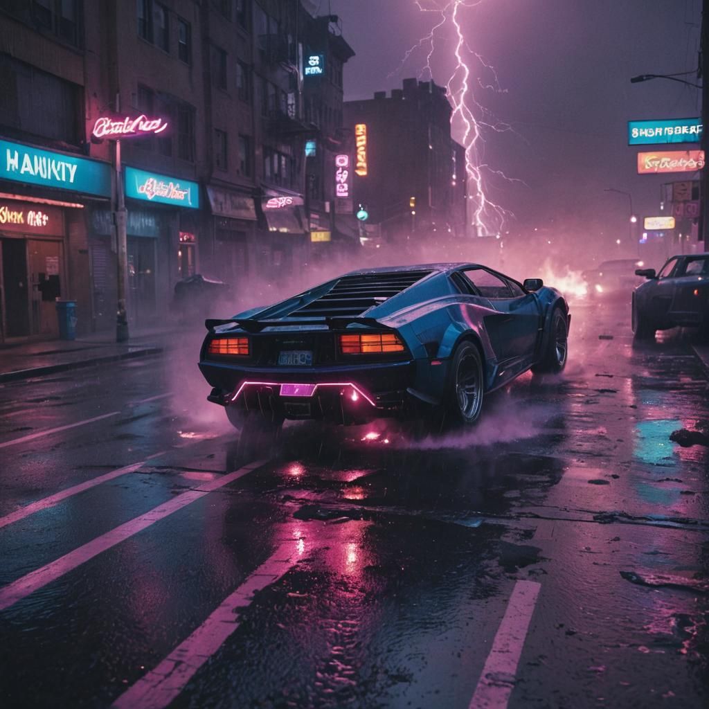 Neon Noir Super Car Crash in Burning City