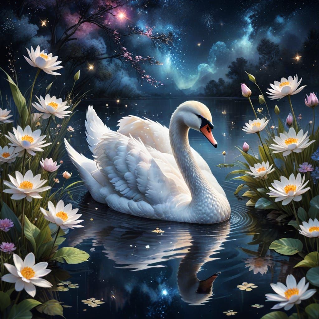 Realistic Swan on Shimmering Lake Under Starry Night Sky