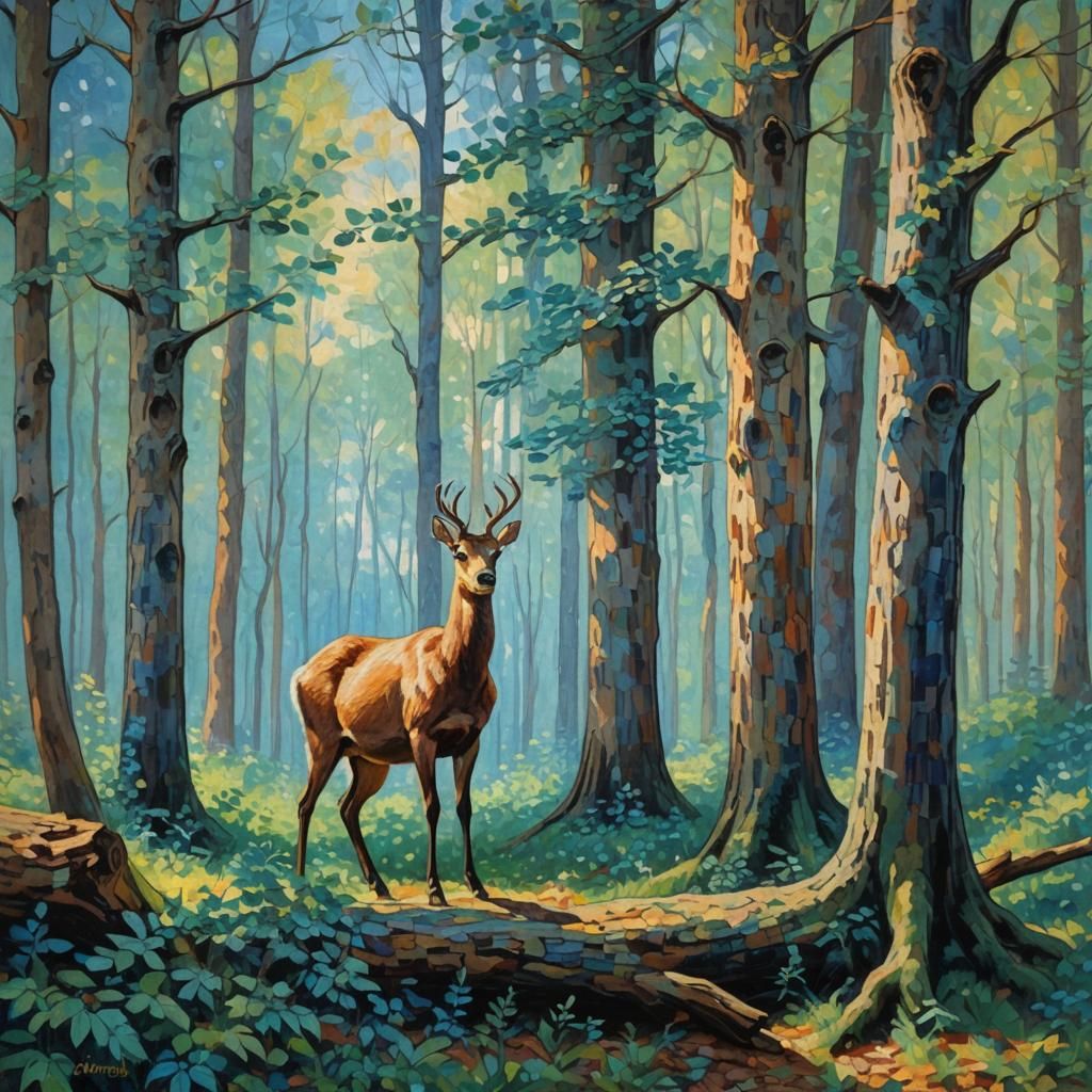 Chamois in Forest: Neo-Impressionist Oil Painting