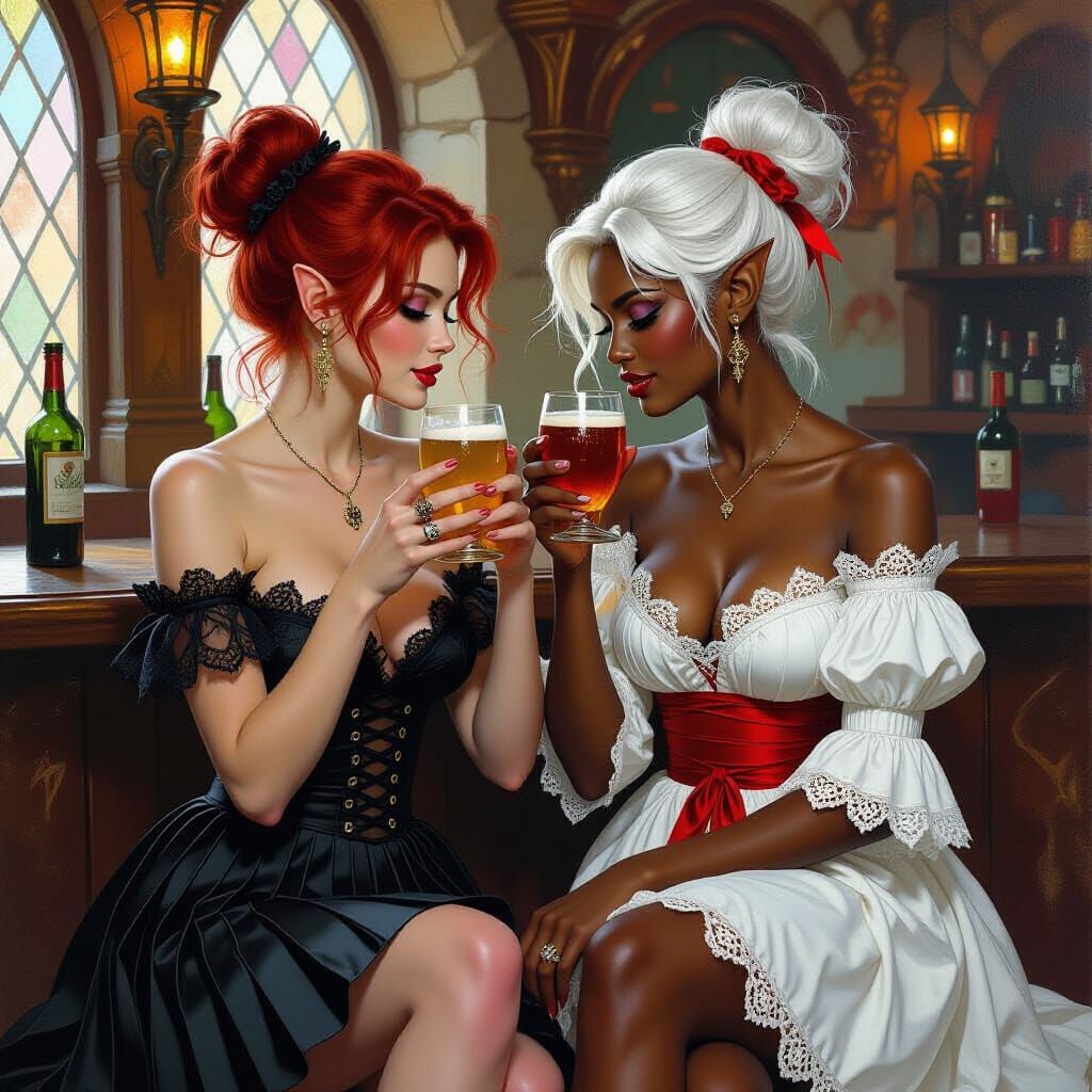Fantasy Tavern Scene with Two Elves in Ornate Oil Painting