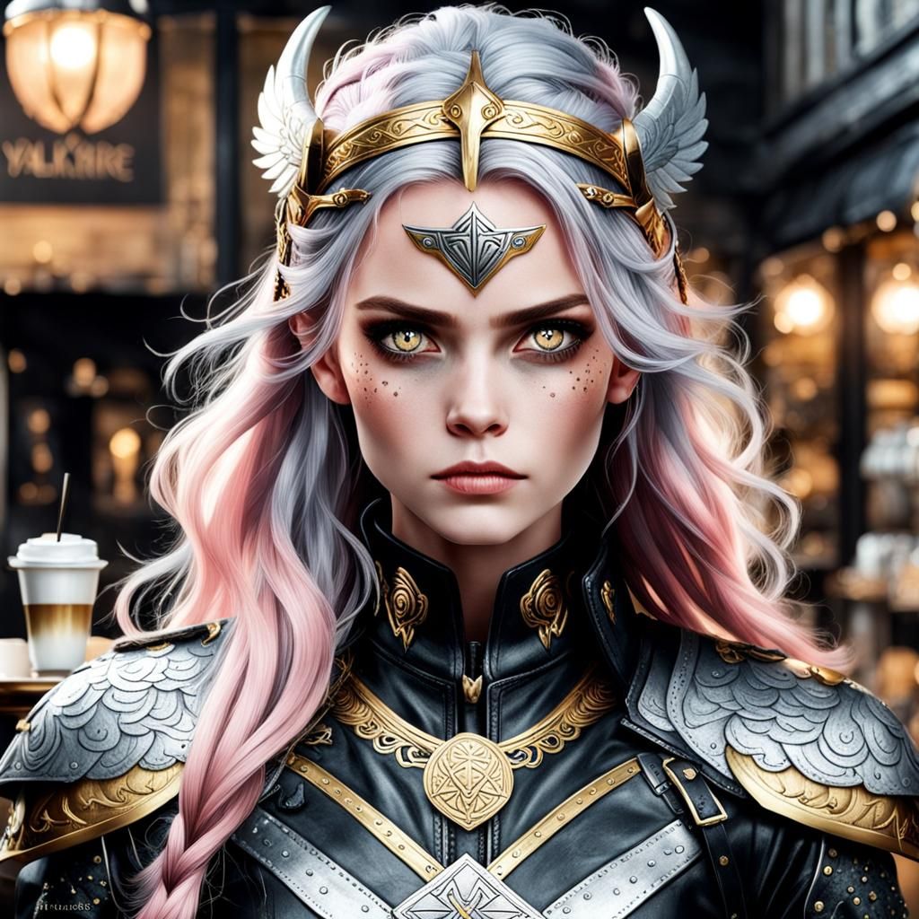 Valkyrie Viking with Coffee, Golden and Silver Hair