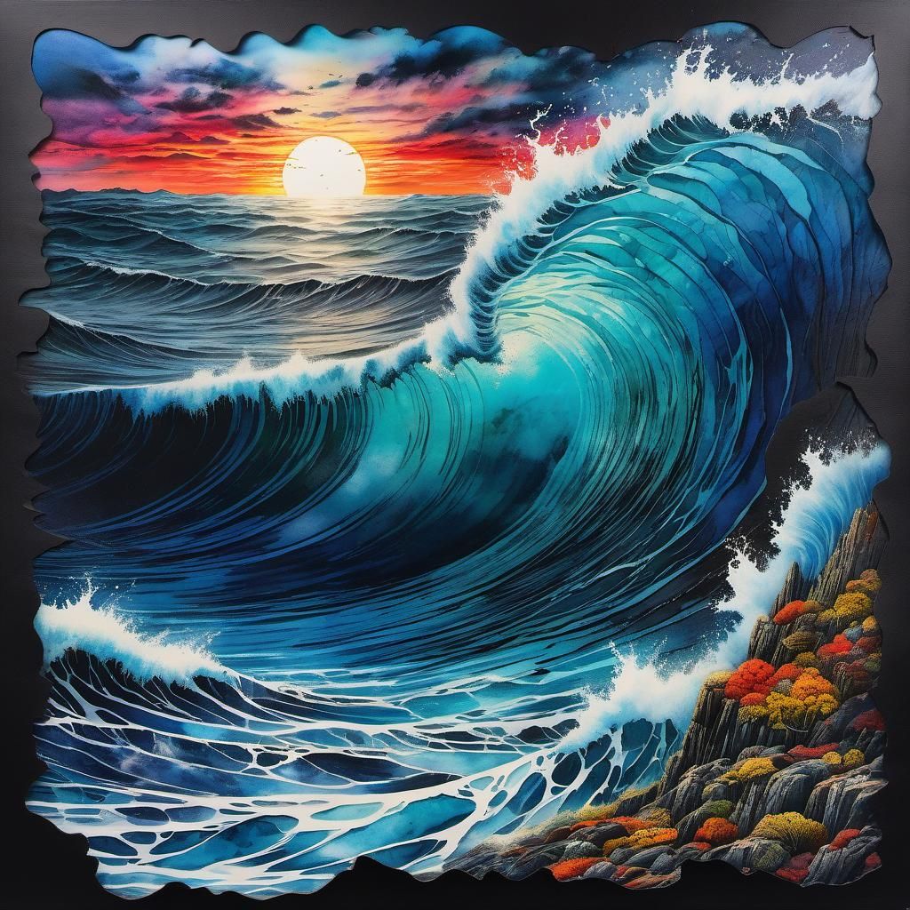 Oceanic Waves at Dawn: Mixed Media Collage