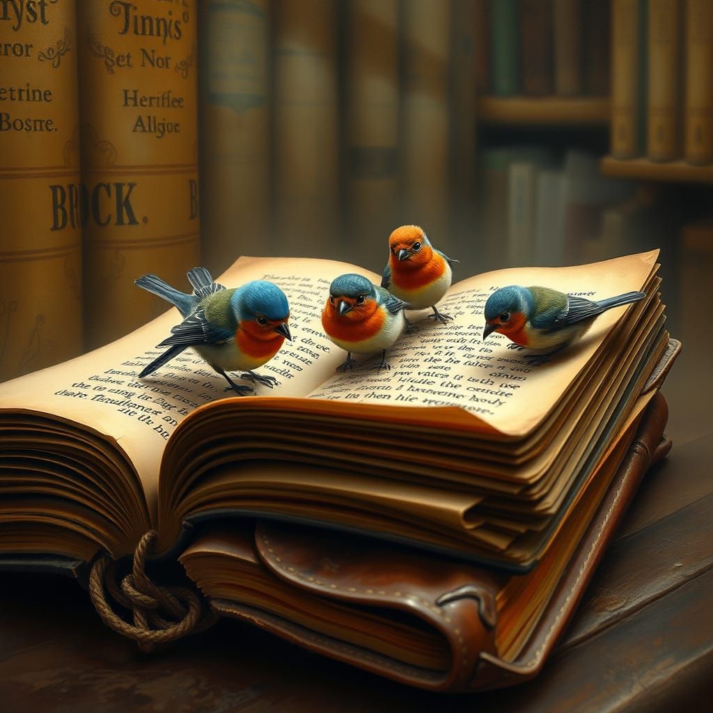 Songbirds Eating Words in Whimsical Library Scene