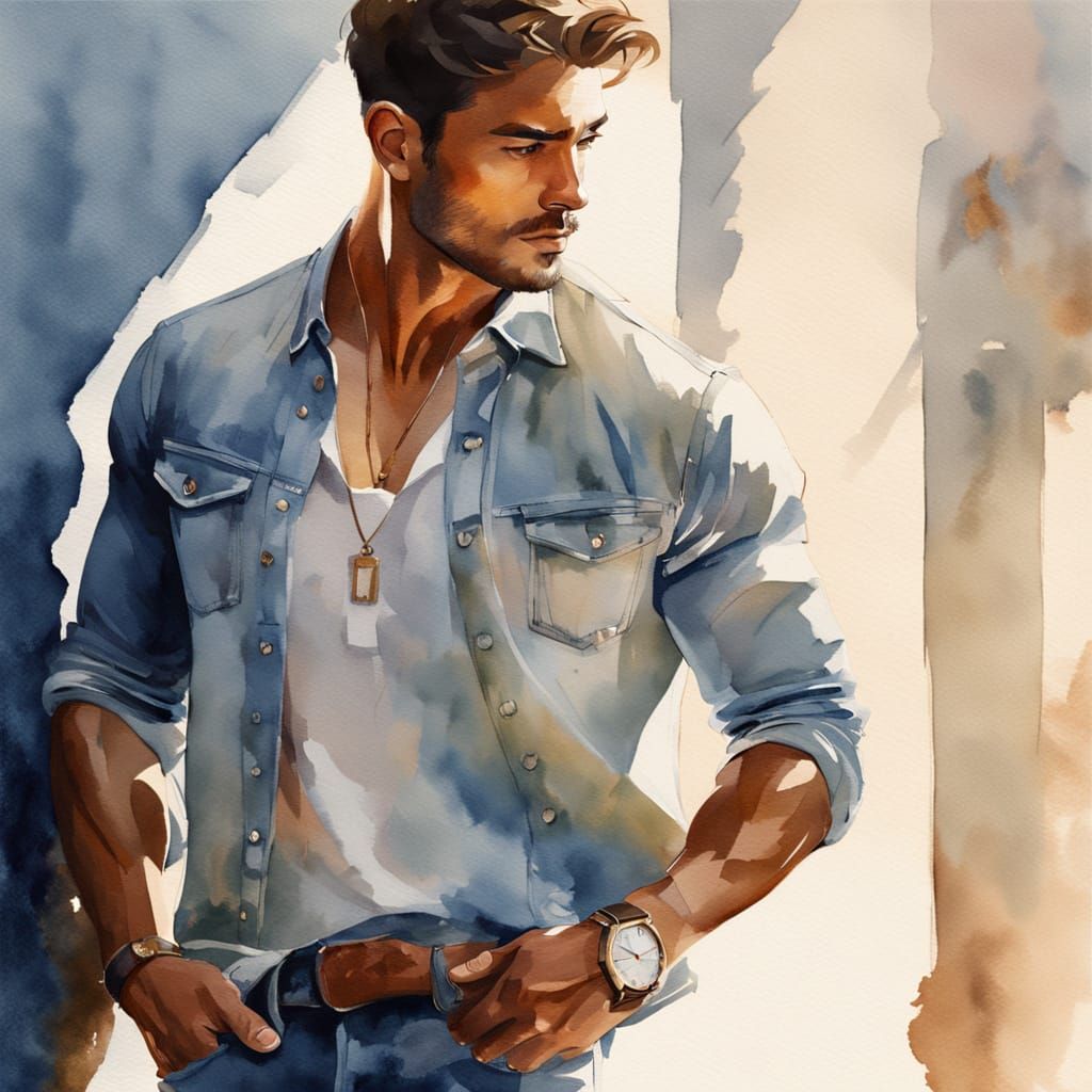 Watercolor Painting of Muscular Men in Denim with Subtle Col...