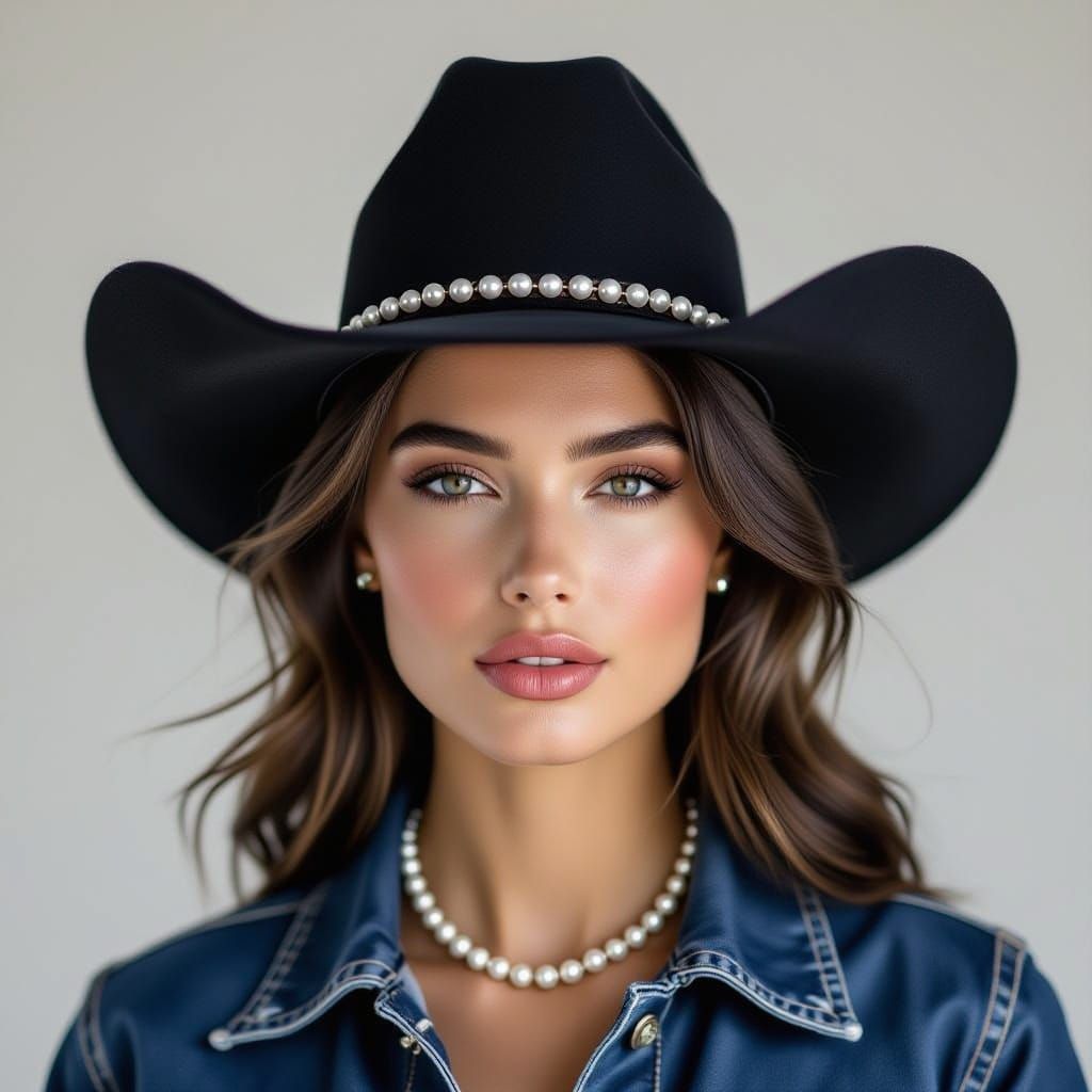Navy Cowgirl Hat with Pearls in High Fashion Style