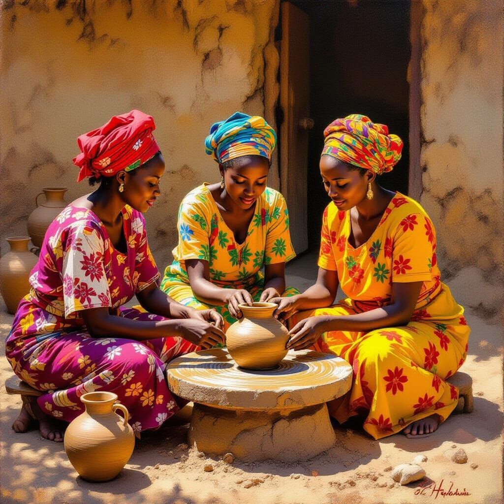 Ethiopian Women Crafting Pottery in Golden Light