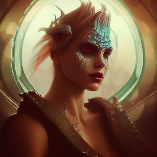 Dragon Scale Punk Princess Portrait in Art Nouveau Style