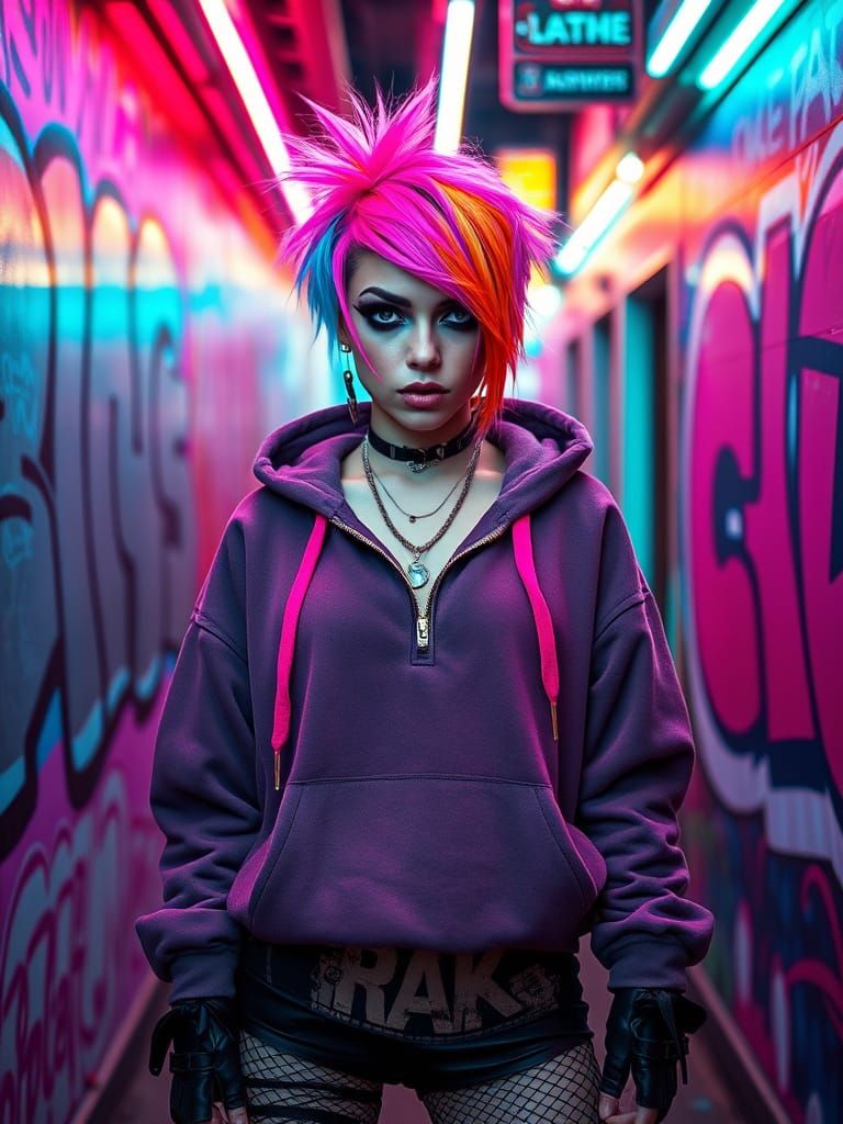 Fearless Woman in Neon Urban Jungle
