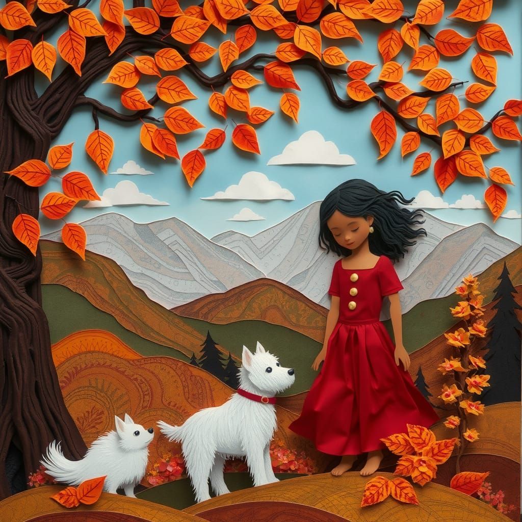 Autumnal Mountain Scene in Paper Collage Style