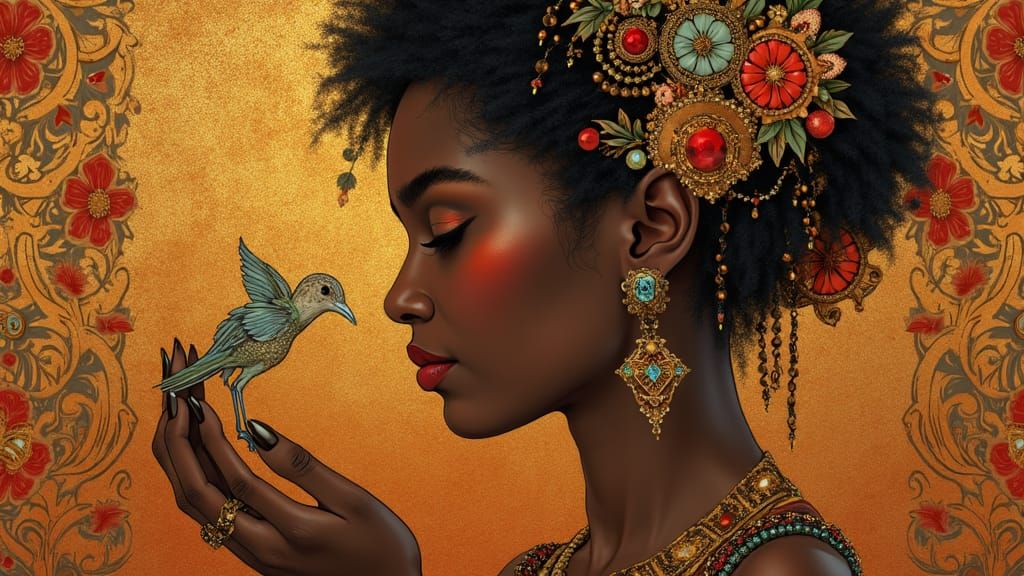 Elegant Woman with Headdress in Art Nouveau Style