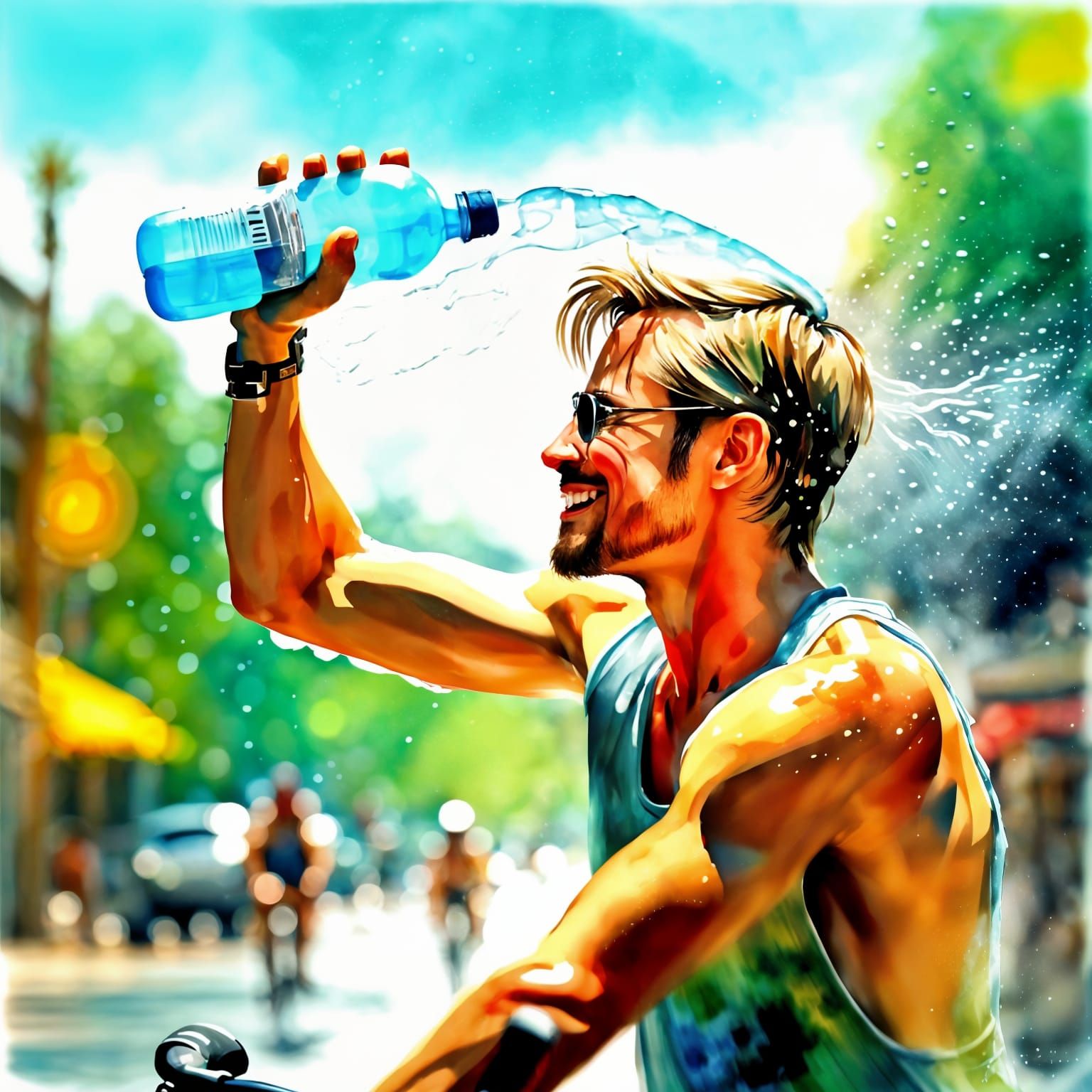 Watercolor Portrait: Cyclist Refreshing with Water