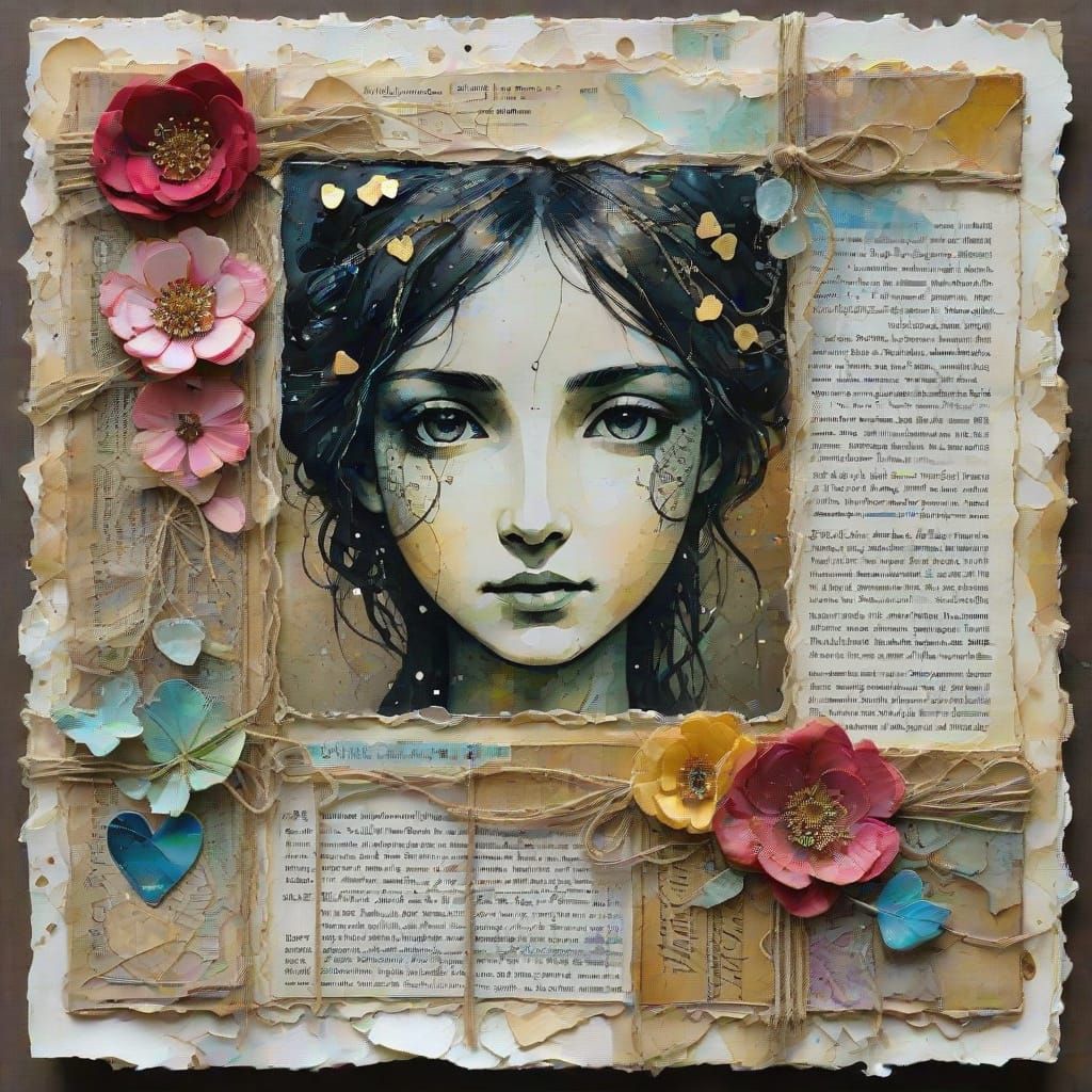Mixed Media Collage Portrait with Antique Textures and Whims...