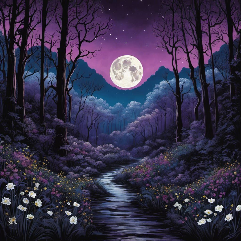 Dark Gothic Forest with White Flowers