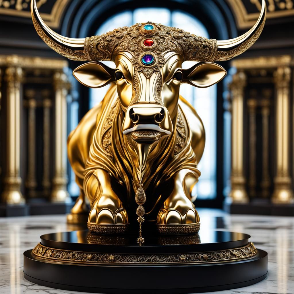 Bejeweled Golden Ankole Cow Statue: Psychedelic Art Relic