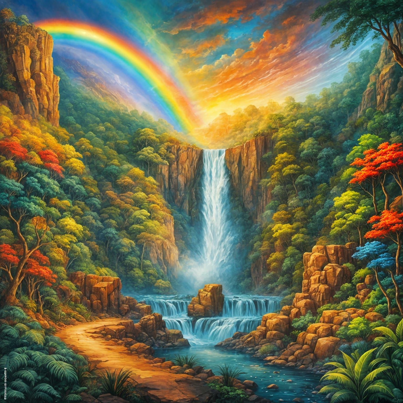Rainbow Arches Over Jungle Canyon Waterfall
