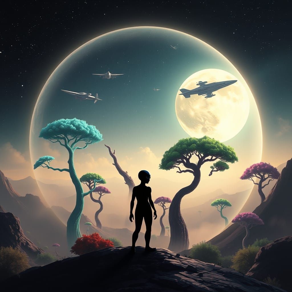 Alien Silhouette on Fantasy Planet in Digital Painting