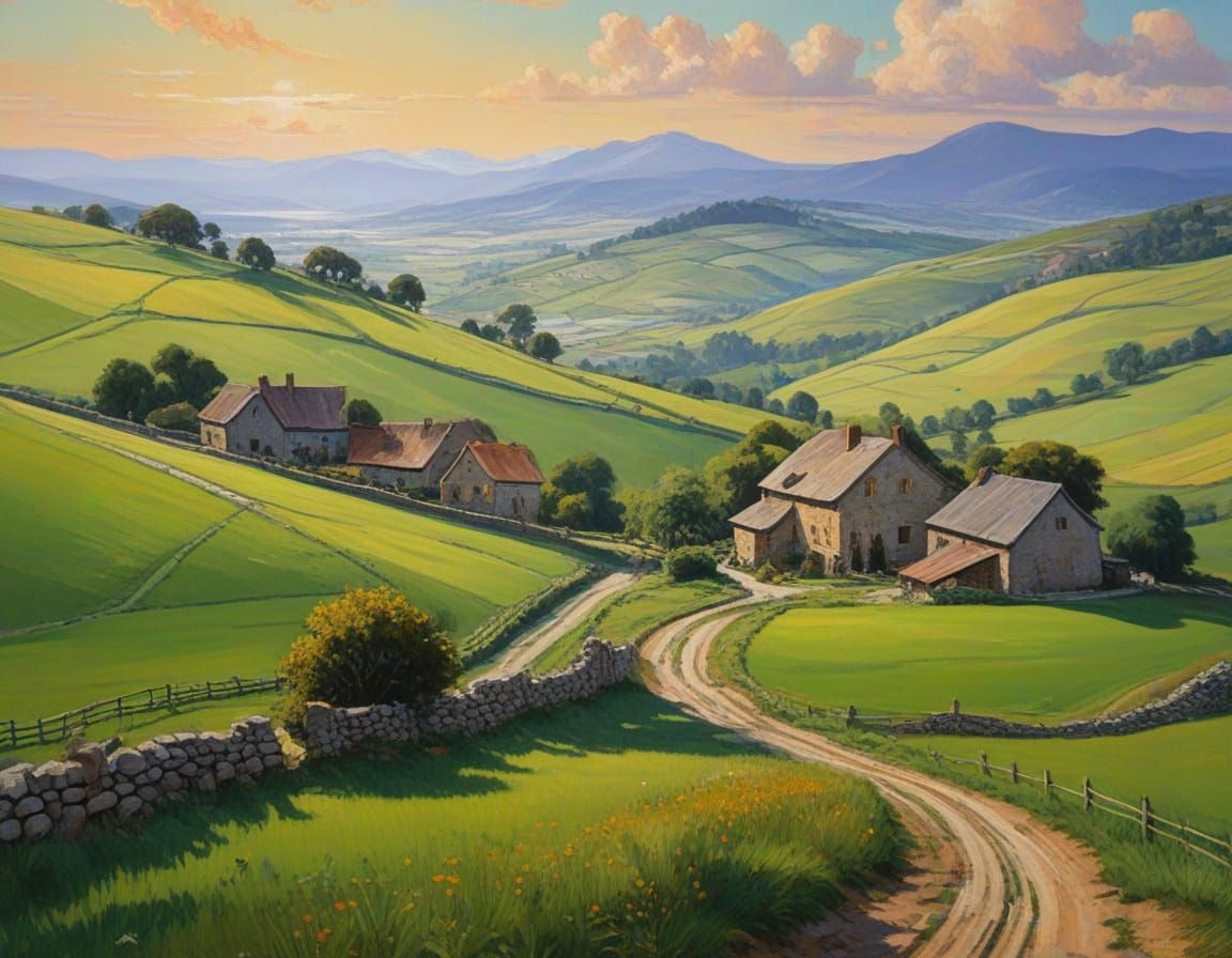 Vibrant Irish Farm Landscape in 1800s Oil Painting Style