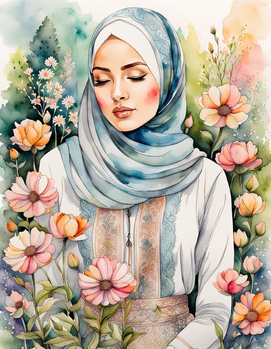Beautiful Hijabi Woman in Garden: Watercolor Ink Drawing
