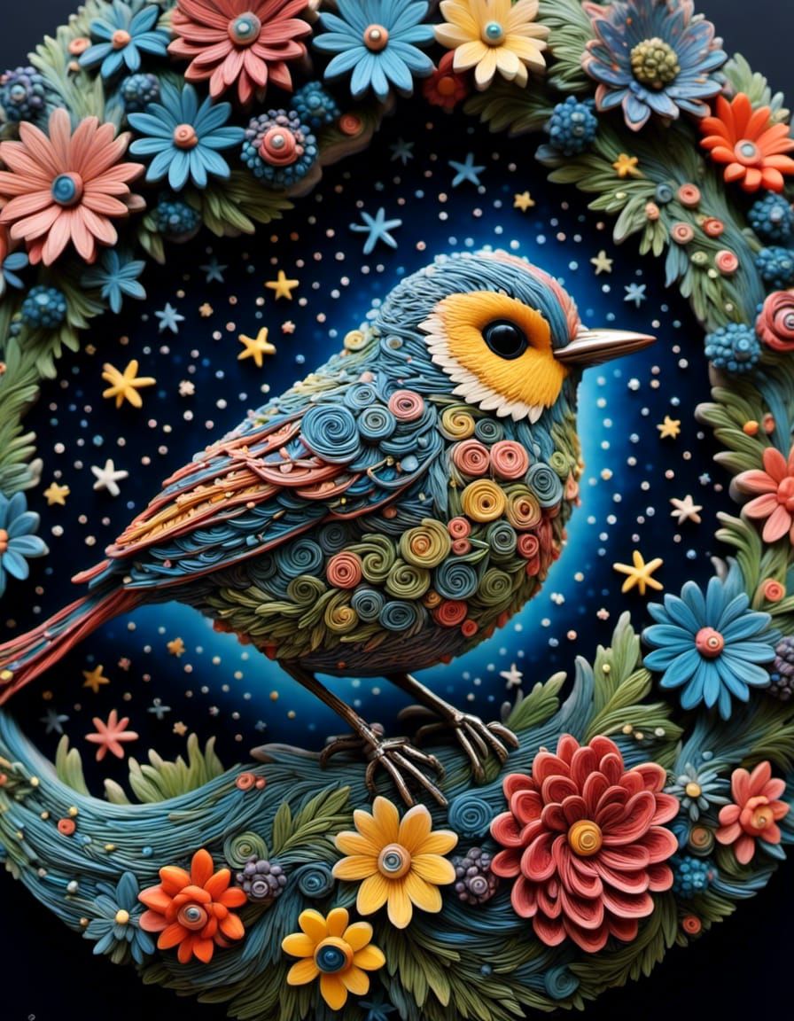 Colorful Bird in Starry Night Fairy-Tale