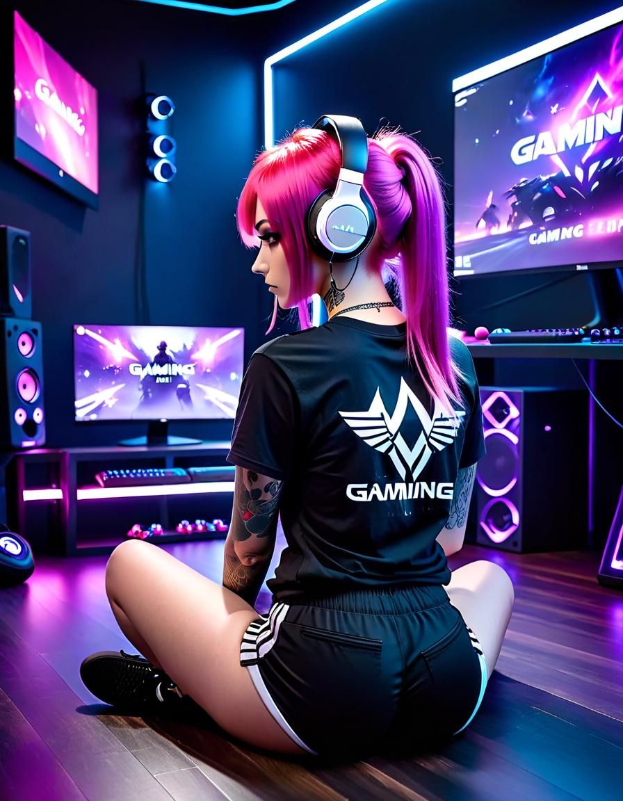 Cyberpunk Gamer Girl in Neon Gaming Room