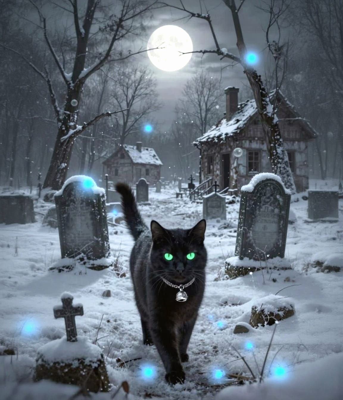 Ethereal Village Dusk Scene with Cat and Orbs