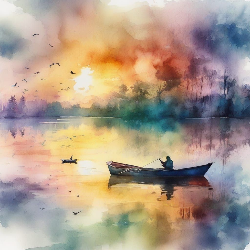Whimsical Lake Scene in Iridescent Watercolour Style