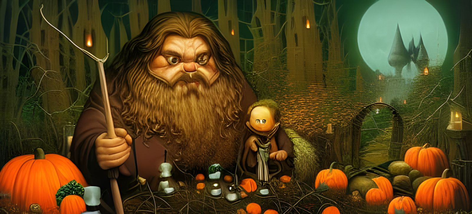 Hagrid in Forbidden Forest, Jacek Yerka Style