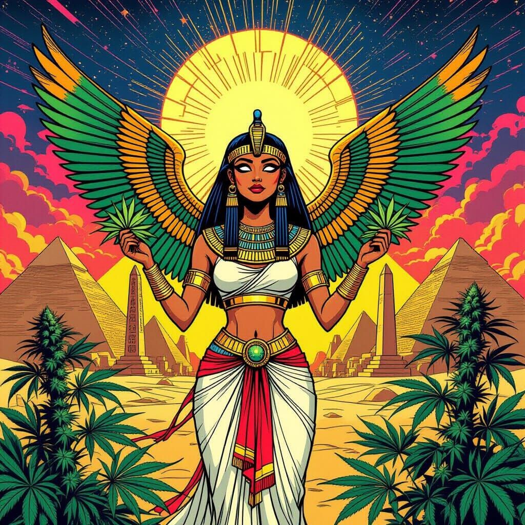 Egyptian Goddess with Cannabis in Comic Book Style