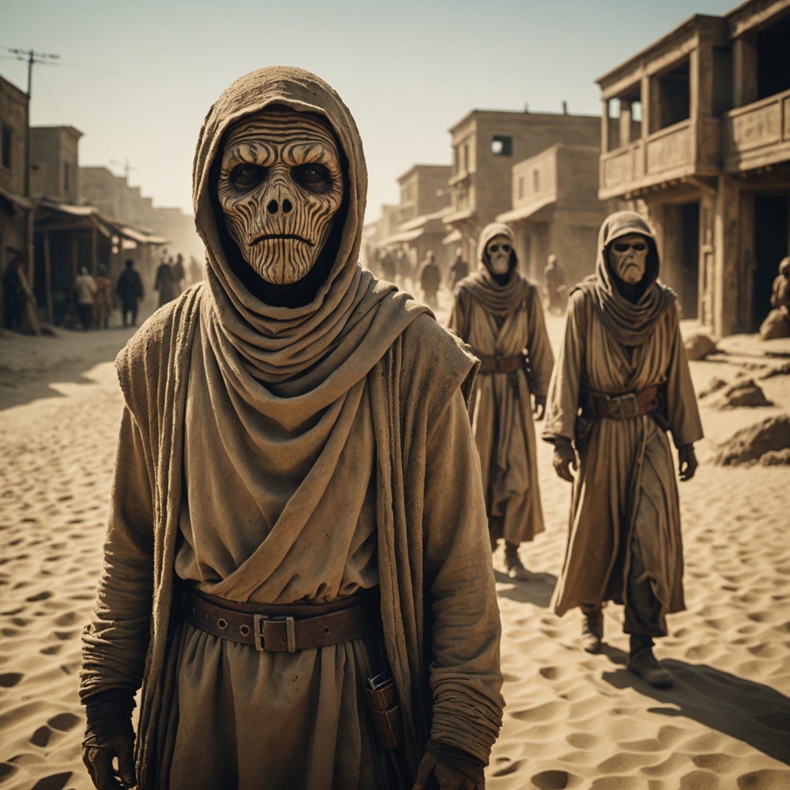 Sand People in Desert Town: Cinematic Film Still