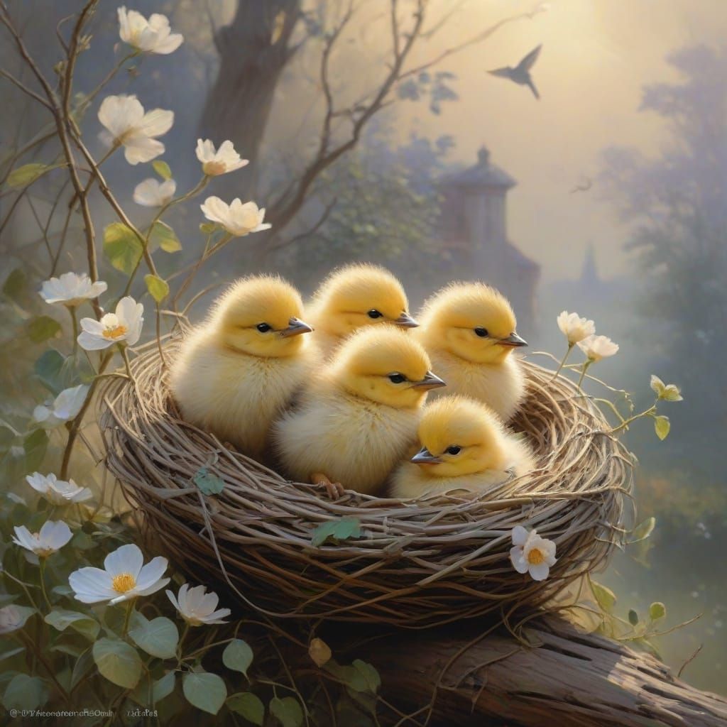 Dreamy Bird Chicks in Twilight Nest, Soft Focus Impressionis...