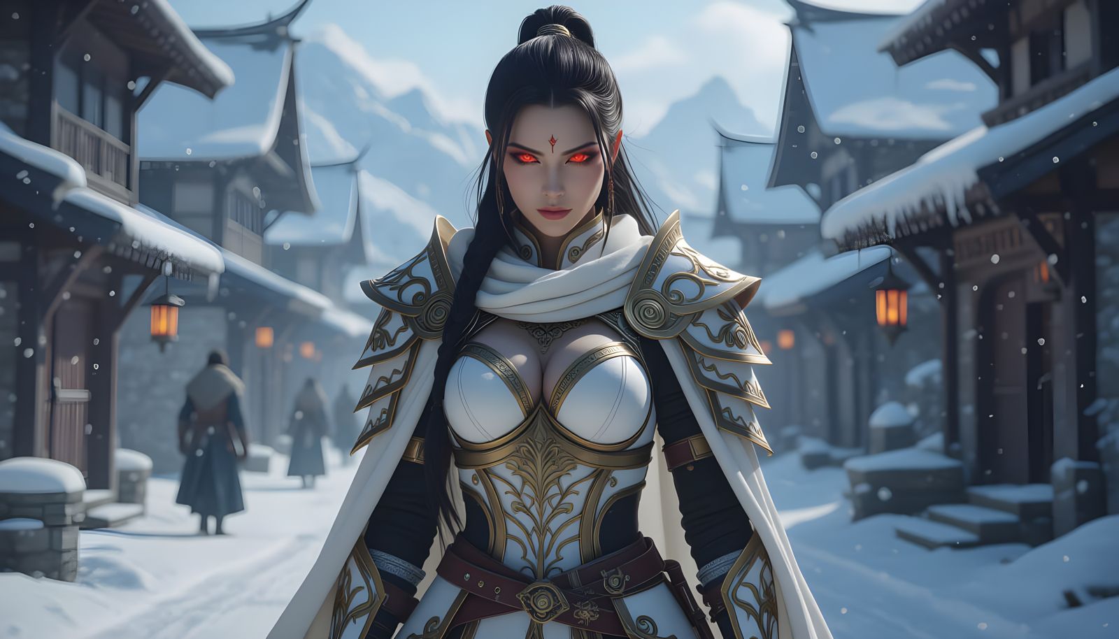 Fierce Warrior Woman in Snowy Village