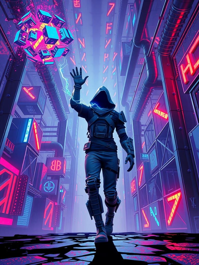 Cyberpunk Warrior in Glitching Neon Cityscape