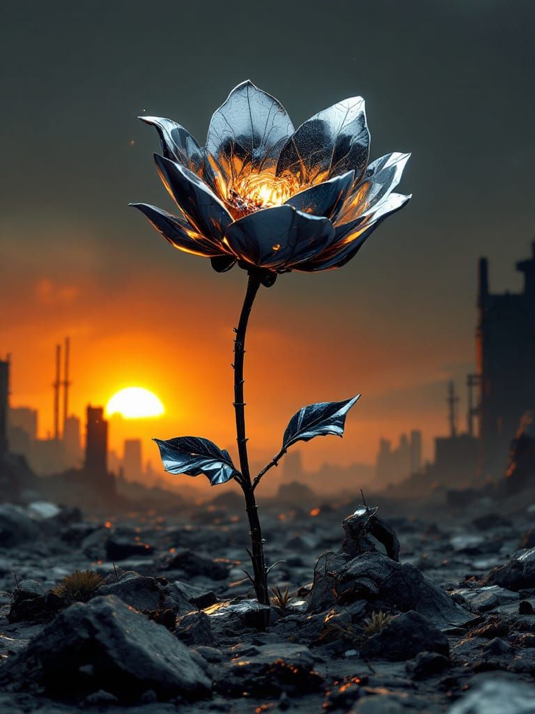 Hyperrealistic Metallic Flower in Post-Apocalyptic Wasteland